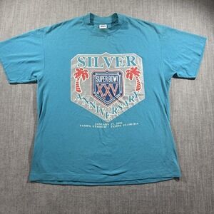 Vintage Super Bowl XXV Shirt Mens XL Teal NFL Football Silver Anniversary 90s